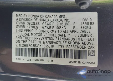 2019 Honda Civic Ex z USA, uszkodzony, nr VIN 2HGFC3B33KH355318